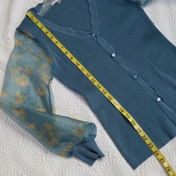 SIONI blu knit with Sheer floral Long Sleeves Sweater Top Cornflower blue Size S - Picture 13 of 16